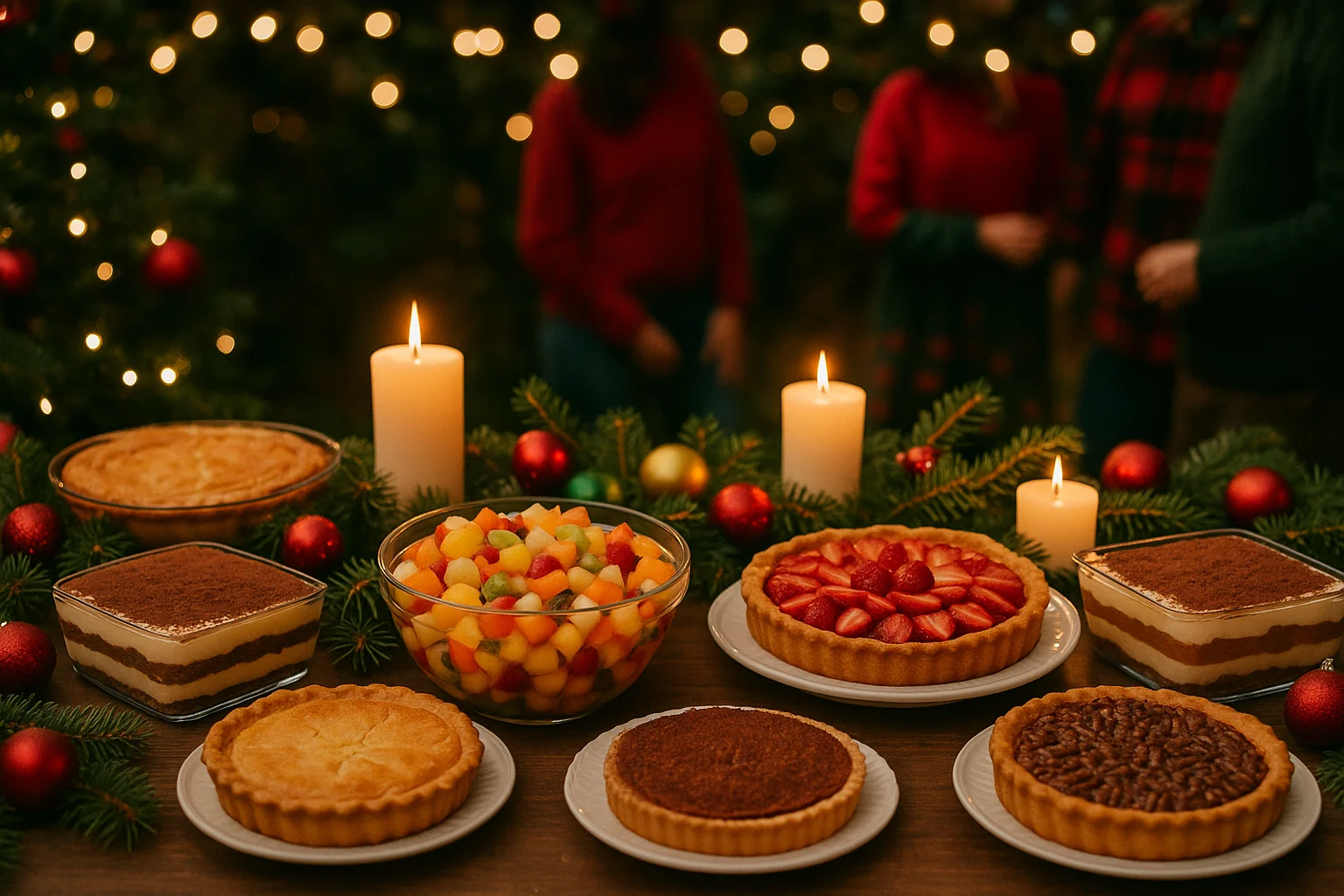 Mesa natalina ao ar livre com sobremesas fáceis ceia natal, velas, decoração de Natal e luzes acolhedoras